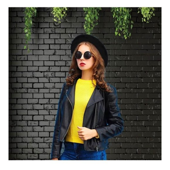 Black Brick Wall w/ Falling Greenery Backdrop Wedding Background - Picture 3 of 4